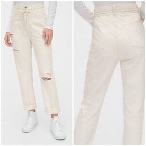 NWT Gap Boyfriend Draw Cord High Rise Distressed Jeans Paperbag Off White Sz 31P